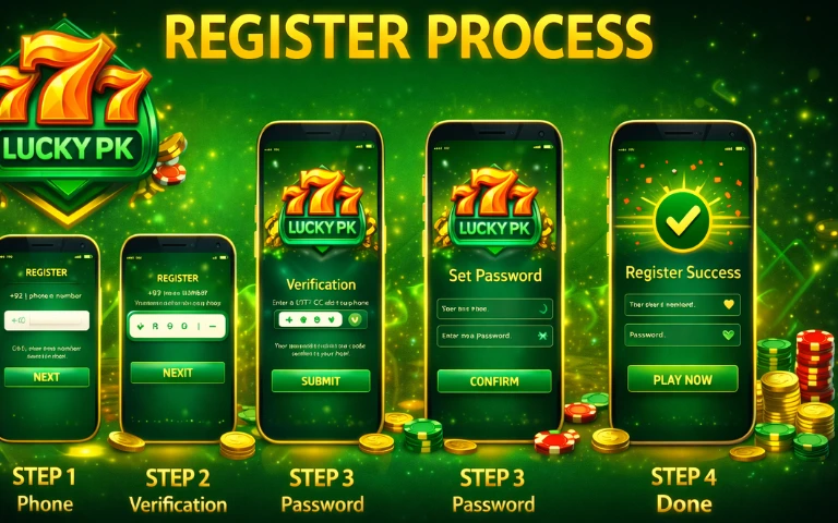 How to Register Your Account on the Lucky PK 777 Game? 2 Lucky PK 777 Game Register process image showing step-by-step account creation on a mobile app.