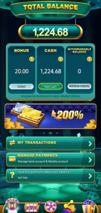 Lucky PK 777 Simple and Clean Design Guide 2026 3 Casino wallet screen showing total balance, bonus amount, cash balance, and withdrawal options.