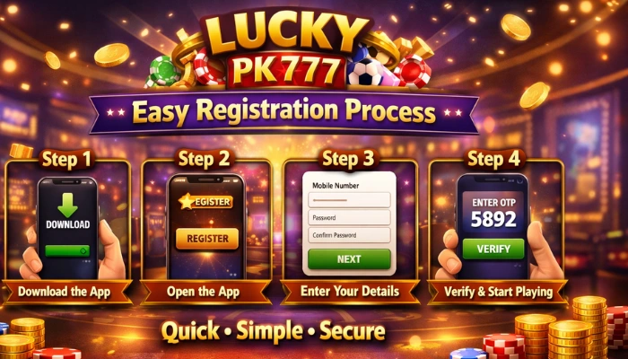 Lucky PK 777 Game Easy Registration Process Guide 2026 2 Lucky PK 777 Game easy registration process showing step-by-step signup, mobile number entry, and OTP verification on a colorful gaming screen