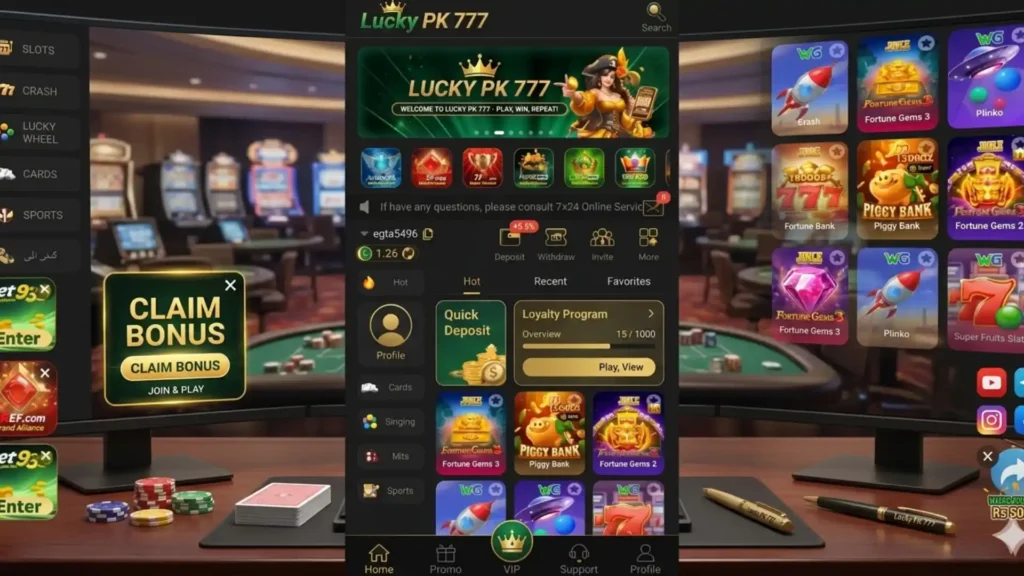 Home 2 A visually immersive banner showcasing the Lucky PK 777 online gaming platform.