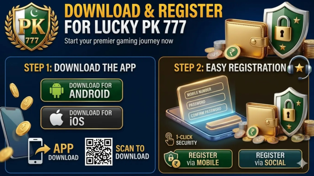 Home 4 A detailed infographic banner illustrating the two-step process to download and register for the Lucky PK 777 gaming app in 1920x1080 resolution. The top banner features a premium golden shield with a green Pakistani flag element and 'PK 777' text. The banner highlights 'STEP 1: DOWNLOAD THE APP' with download buttons for Android and iOS, and 'STEP 2: EASY REGISTRATION' featuring mobile, social registration options, a secure mobile device icon, a QR code, and a golden wallet with coins.